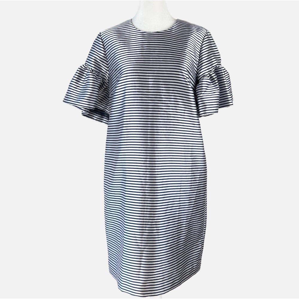BANANA REPUBLIC Navy Blue Shiny Taffeta Striped‎ Ruffle Sleeve Dress Size 8